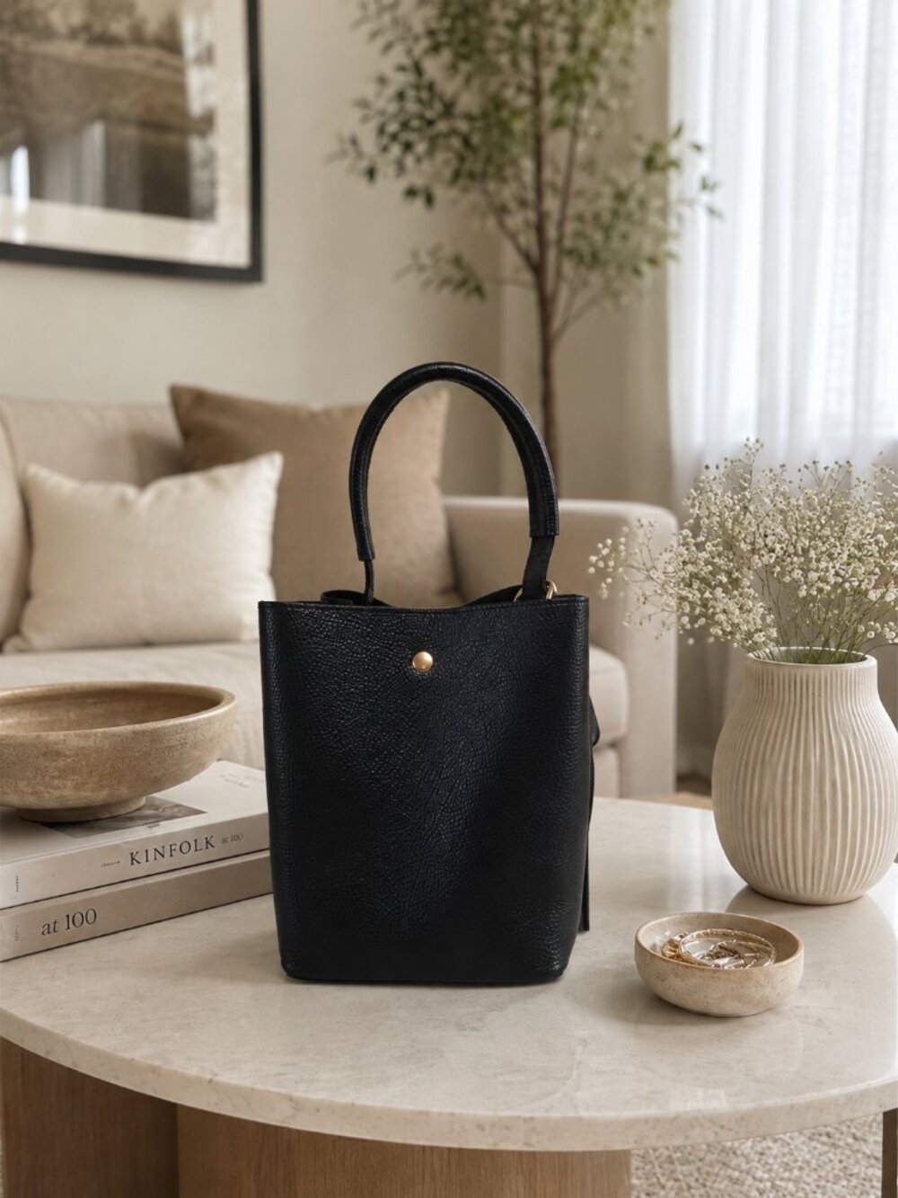 Black Italian Leather Bucket Bag, Genuine Leather Handbag, Suede Detail Purse